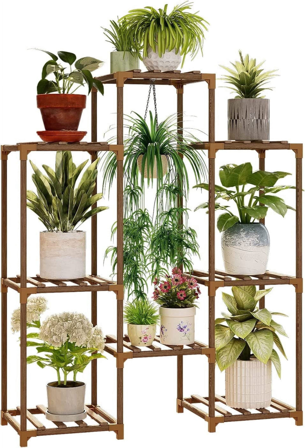 Tiered wooden plant stand for 8 pots