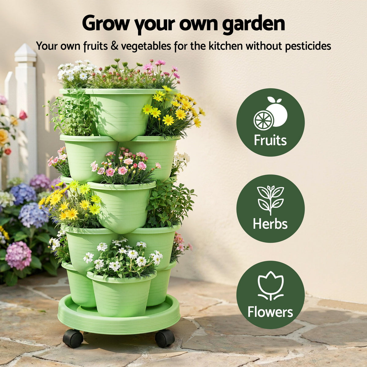 Green Fingers 5-Tier Vertical Garden Planter with Wheels – Light Green