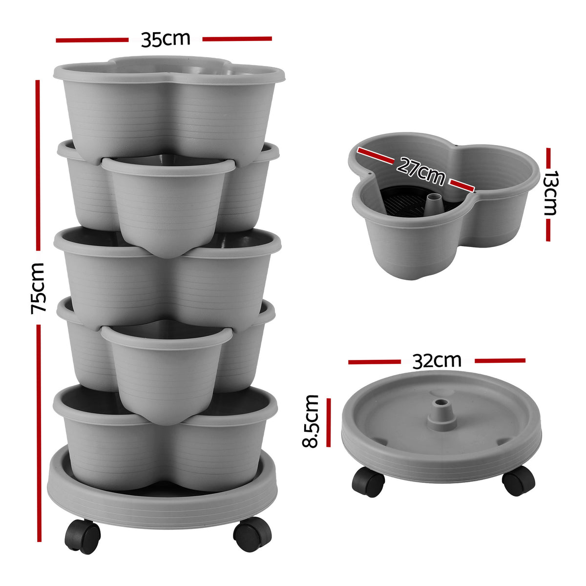 Green Fingers 5-Tier Vertical Garden Planter with Wheels – Grey