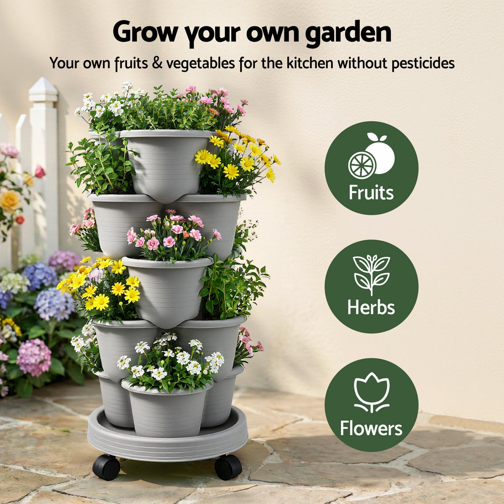 Green Fingers 5-Tier Vertical Garden Planter with Wheels – Grey