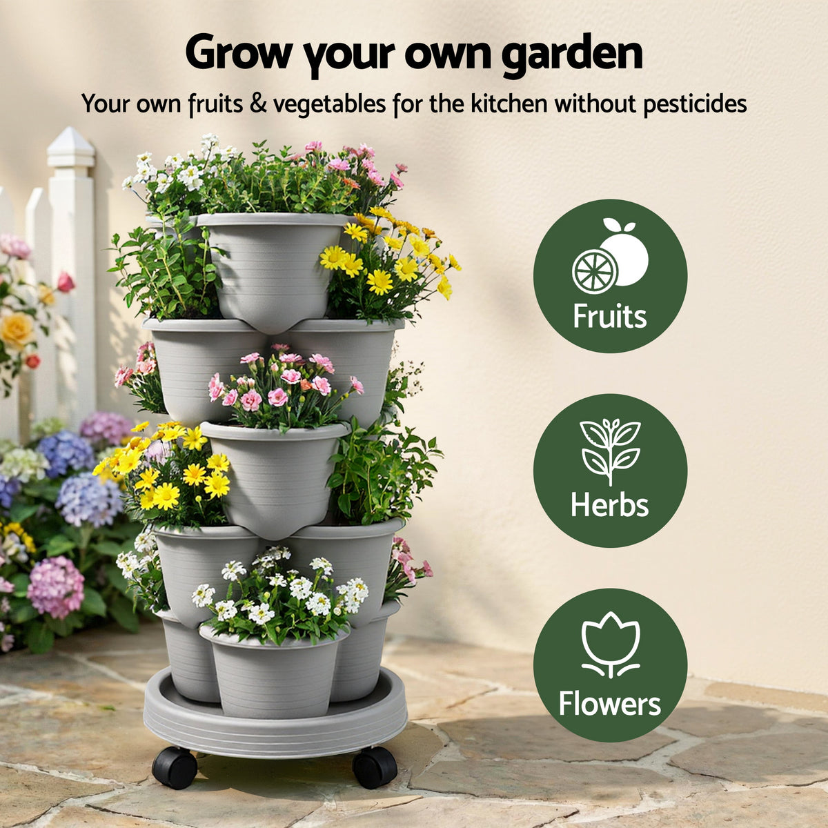 Green Fingers 5-Tier Vertical Garden Planter with Wheels – Grey