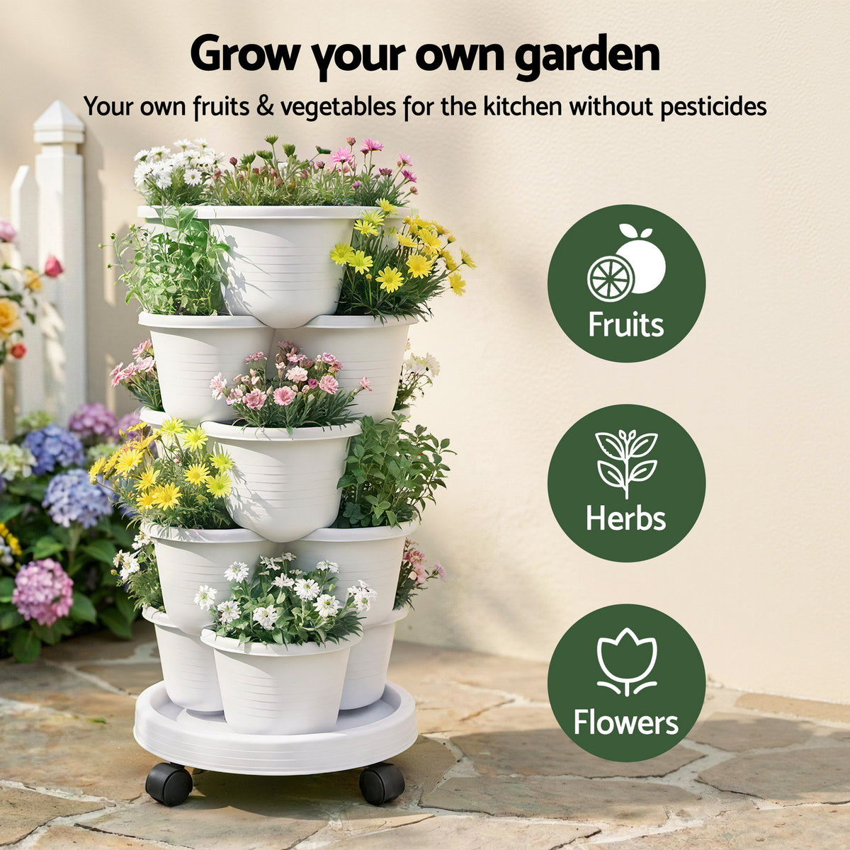 Green Fingers 5-Tier Vertical Garden Planter with Wheels – White