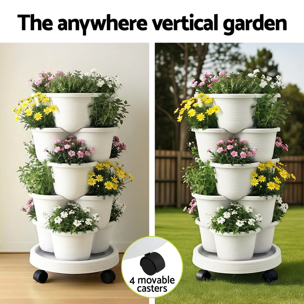 Green Fingers 5-Tier Vertical Garden Planter with Wheels – White