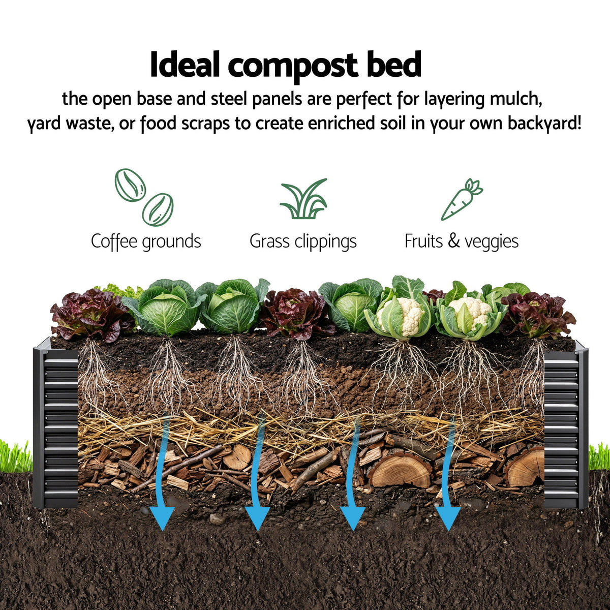 Green Fingers 2-in-1 Galvanised Raised Garden Bed, 320 x 80 x 77 cm – Grey