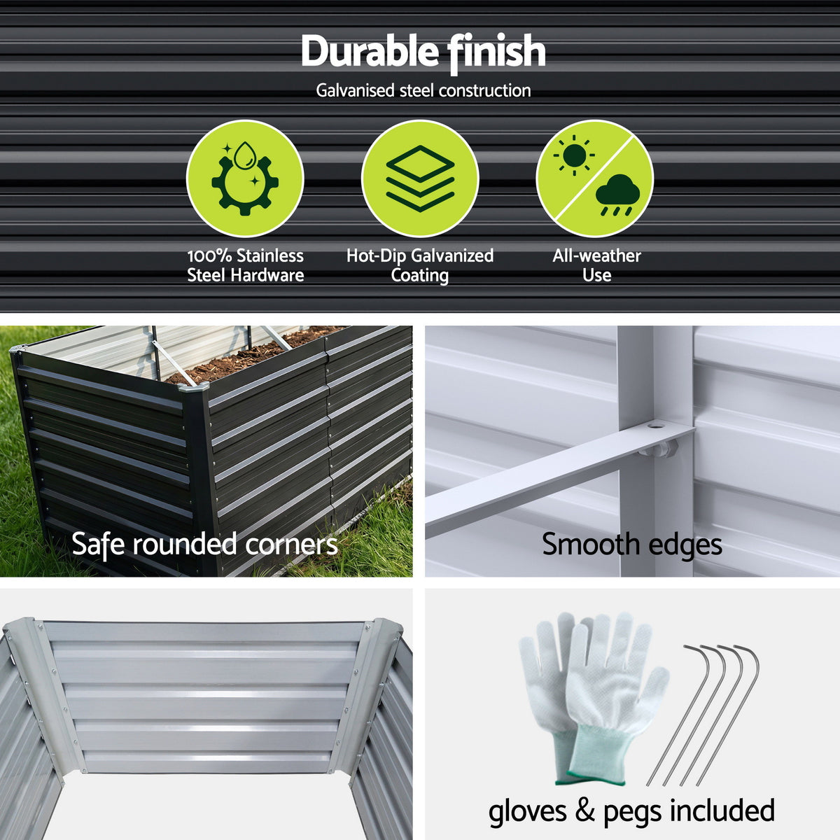 Green Fingers 2-in-1 Galvanised Raised Garden Bed, 320 x 80 x 77 cm – Grey