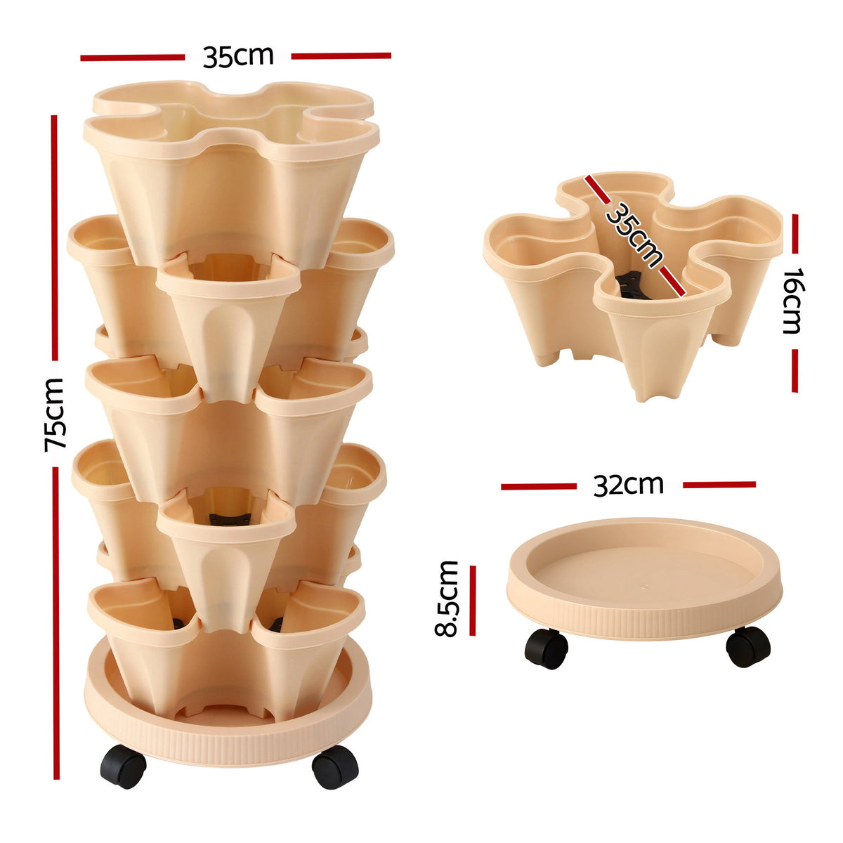 Green Fingers 5-Pot Stackable Strawberry Planter – Beige