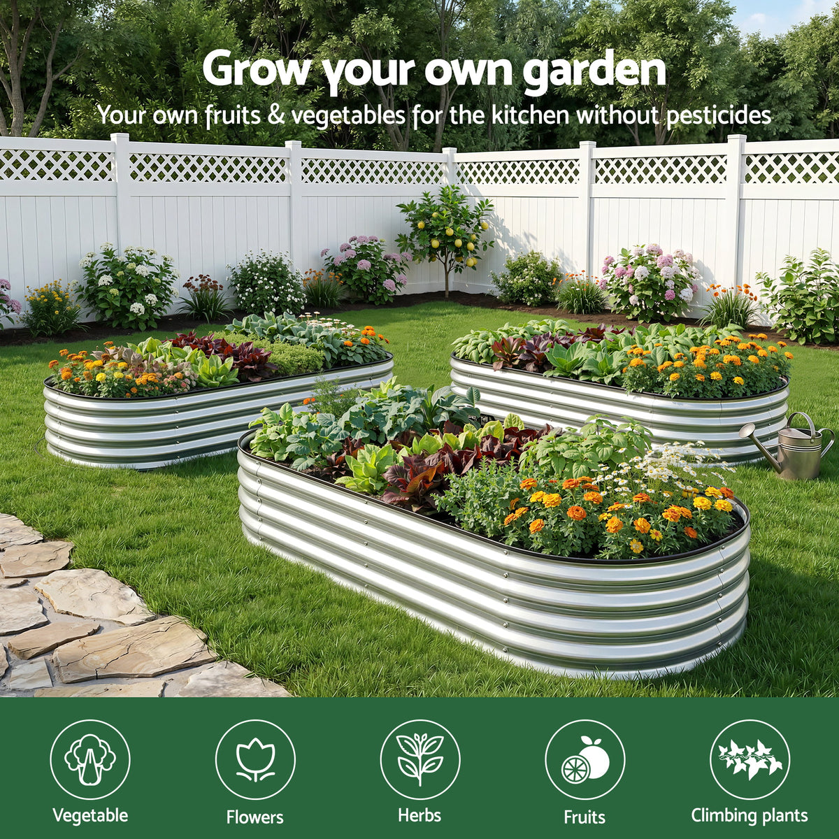 Green Fingers Galvanised Oval Raised Garden Bed 120 x 60 x 30 cm