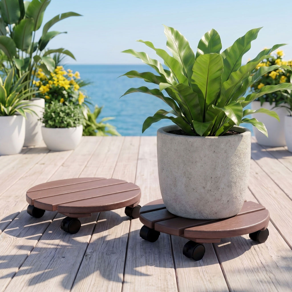 Gardeon Round Plant Caddy with Lockable Wheels, 2 Pack – Brown