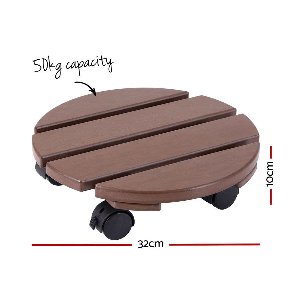 Gardeon Round Plant Caddy with Lockable Wheels, 2 Pack – Brown