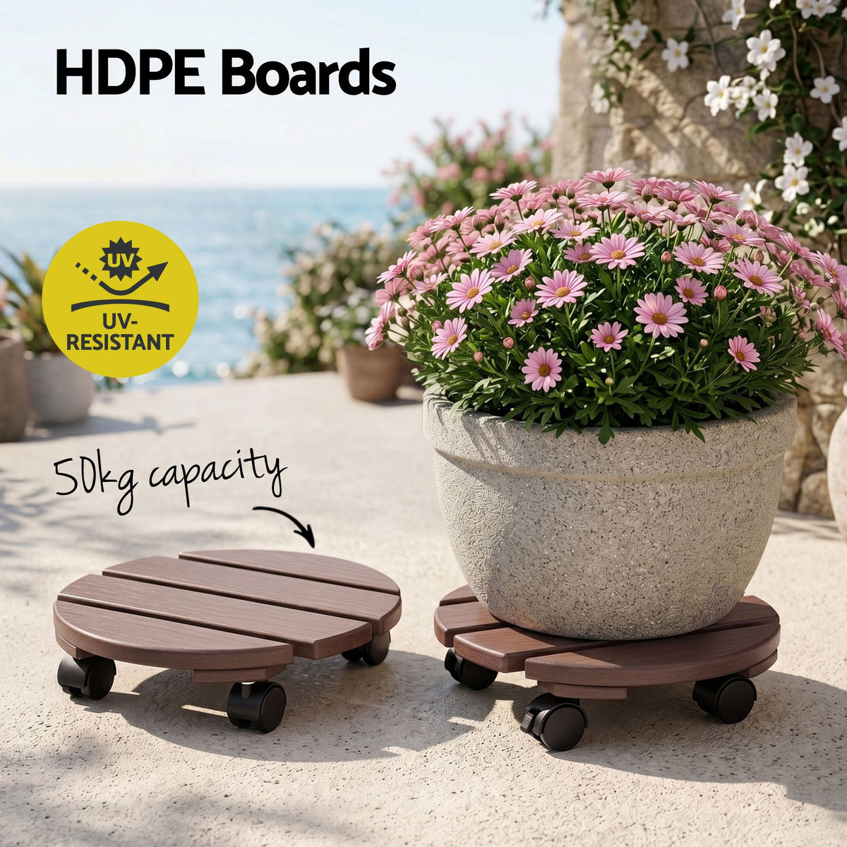 Gardeon Round Plant Caddy with Lockable Wheels, 2 Pack – Brown