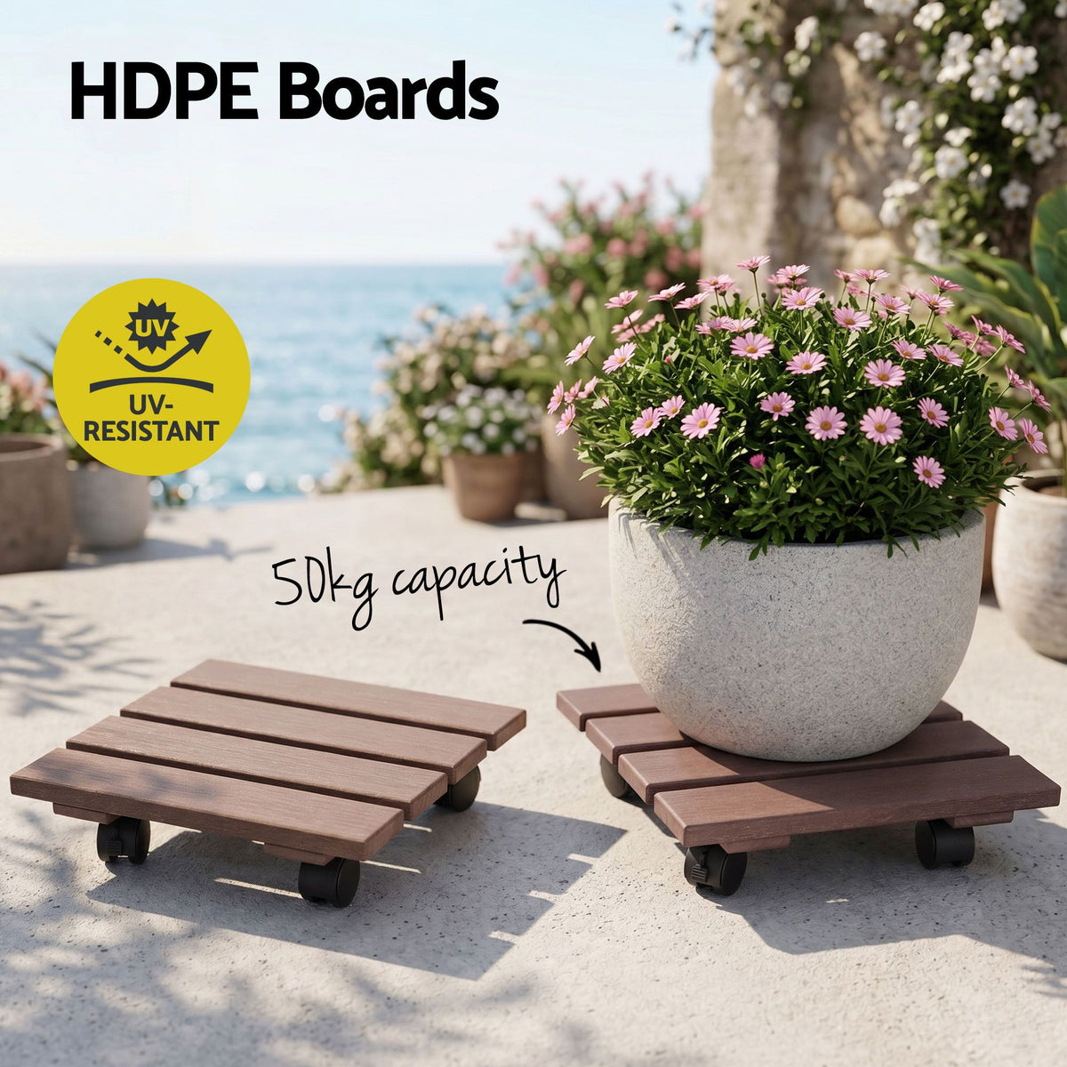 Gardeon Square Plant Caddy with Lockable Wheels, 2 Pack – Brown