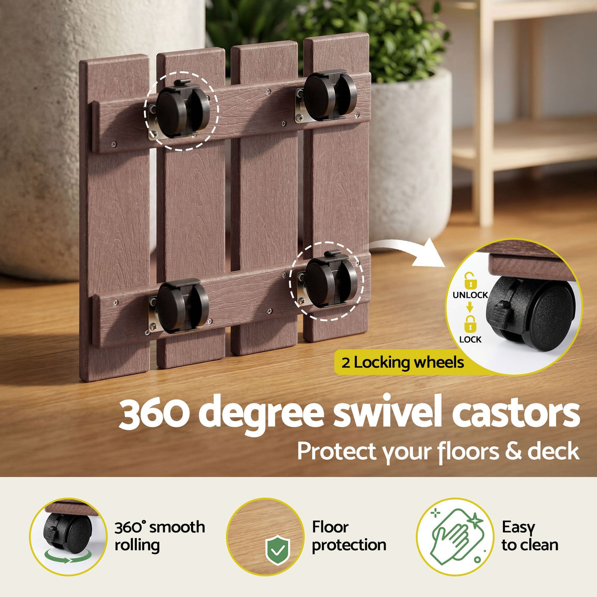 Gardeon Square Plant Caddy with Lockable Wheels, 2 Pack – Brown
