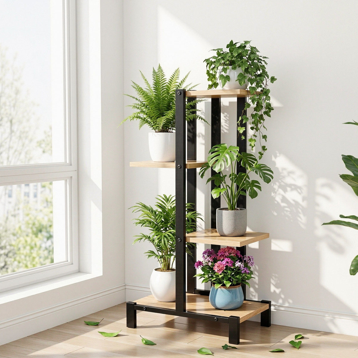 Artiss 4-Tier Metal and Wood Plant Stand, 75 cm – Black and Oak
