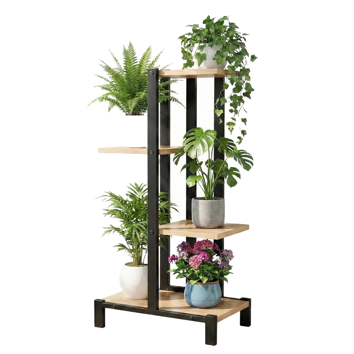 Artiss 4-Tier Metal and Wood Plant Stand, 75 cm – Black and Oak
