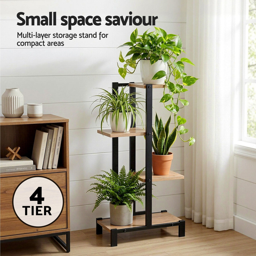 Artiss 4-Tier Metal and Wood Plant Stand, 75 cm – Black and Oak