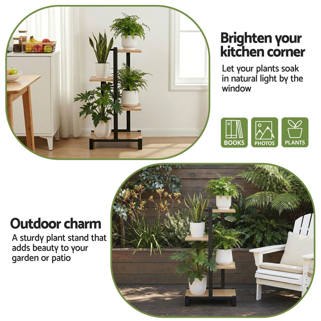 Artiss 4-Tier Metal and Wood Plant Stand, 75 cm – Black and Oak