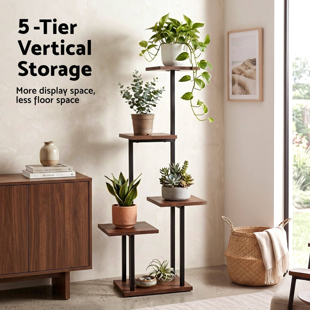 Artiss 5-Tier Metal and Wood Plant Stand, 101 cm – Brown