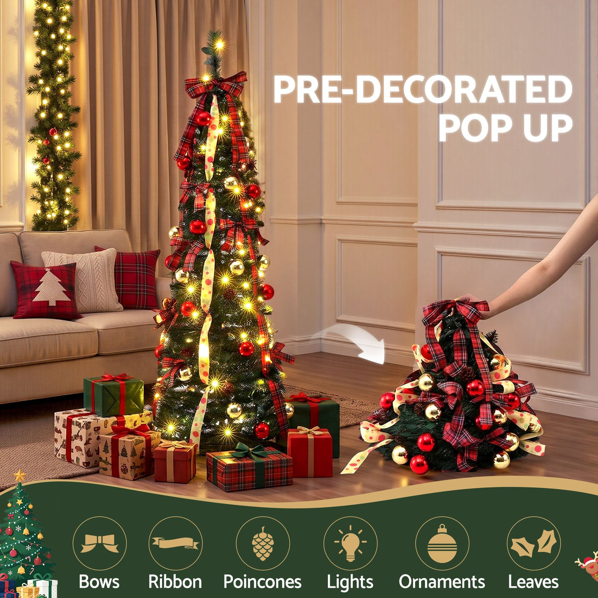 Pop-Up Christmas Tree, 160 cm Pre-Decorated – Jingle Jollys