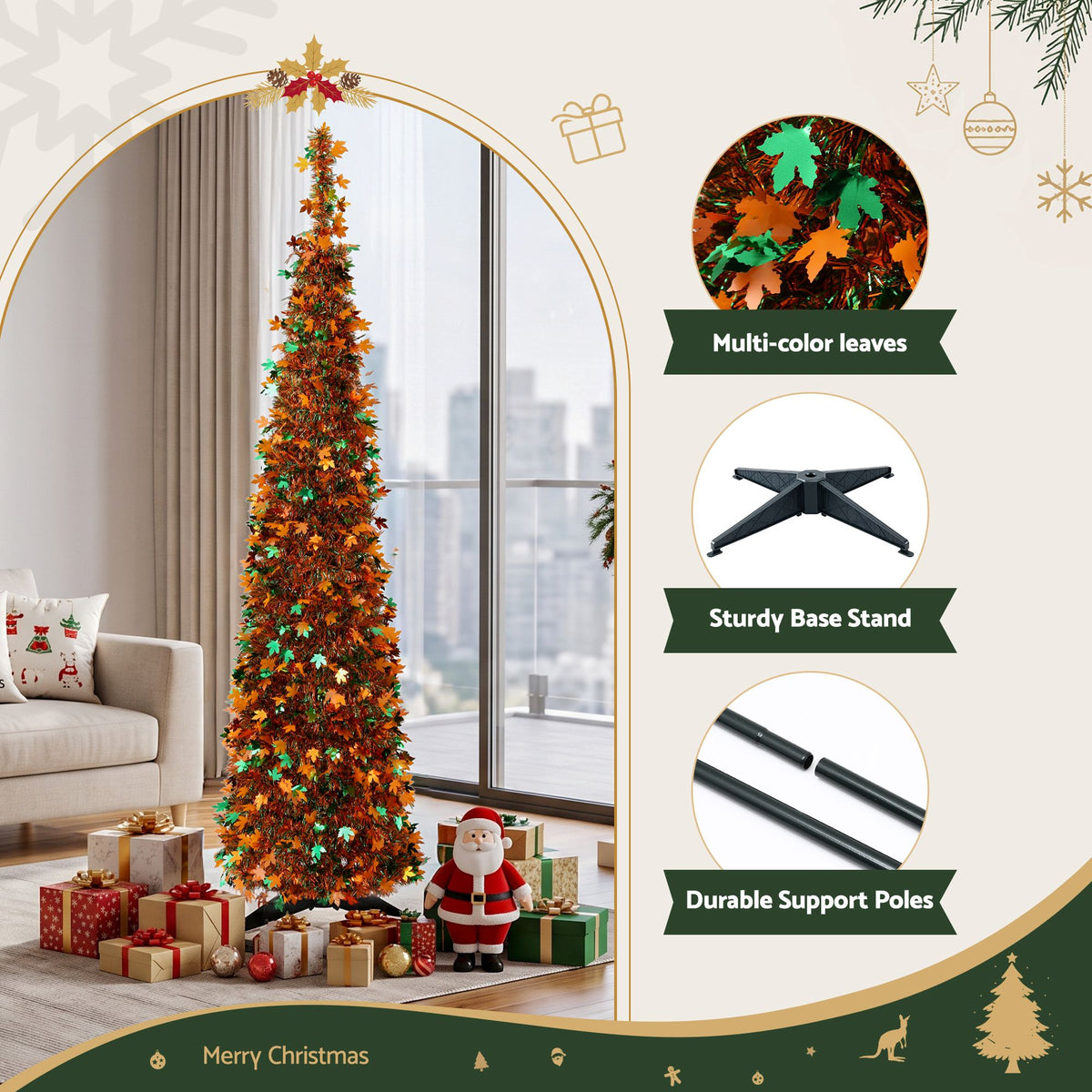 Pop-Up Christmas Tree, 160 cm Pre-Decorated Golden Maple Leaf – Jingle Jollys