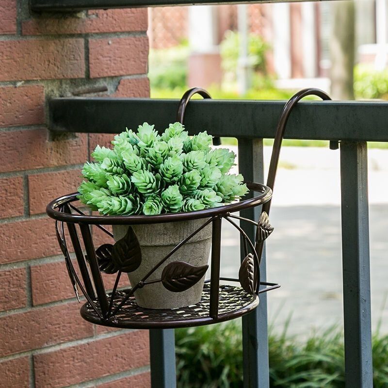 Metal Railing Plant Hangers with Leaf Design – 2 Pack, White