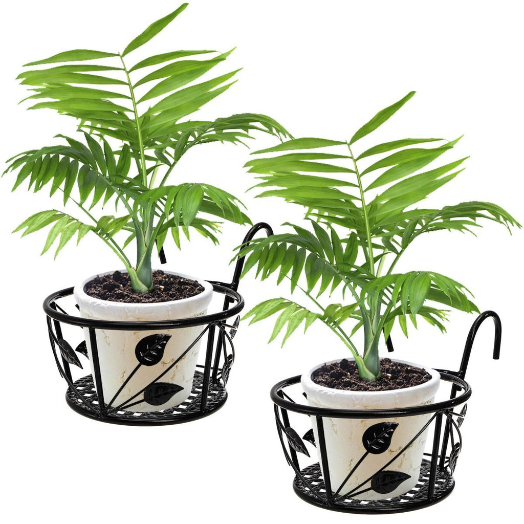 Metal Railing Plant Hangers with Leaf Design – 2 Pack, Black