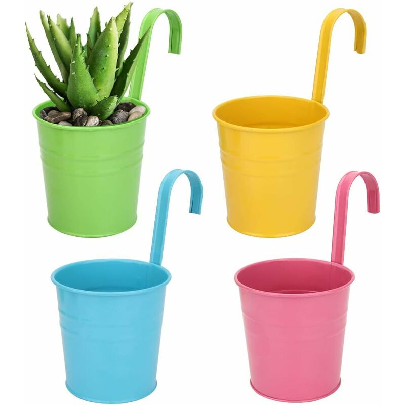 Colourful Metal Hanging Flower Pots with Hooks – Set of 4, 10 cm