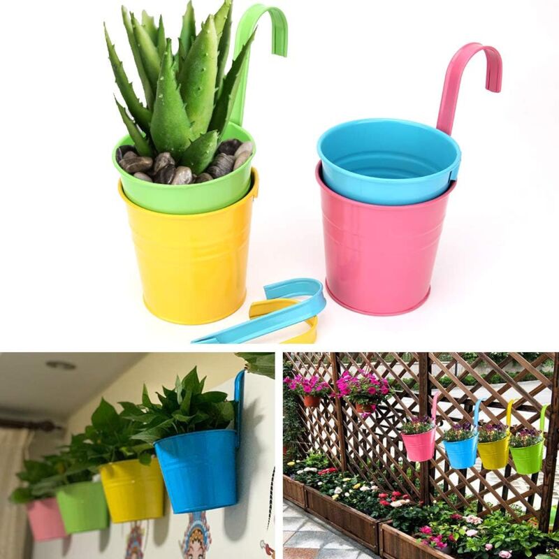 Colourful Metal Hanging Flower Pots with Hooks – Set of 4, 10 cm