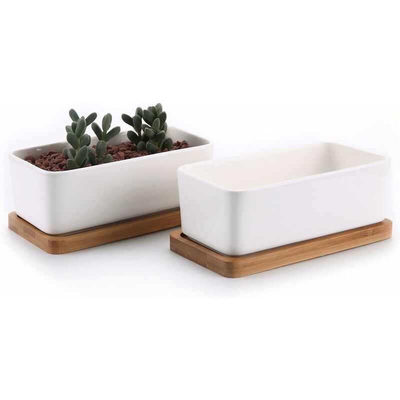 Ceramic Succulent Pots with Bamboo Trays, 17 cm – Set of 2, White