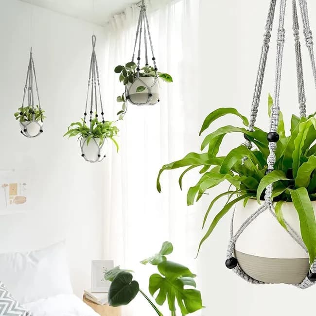 Boho Beaded Macramé Plant Hangers, 90 cm – Pack of 3, Grey