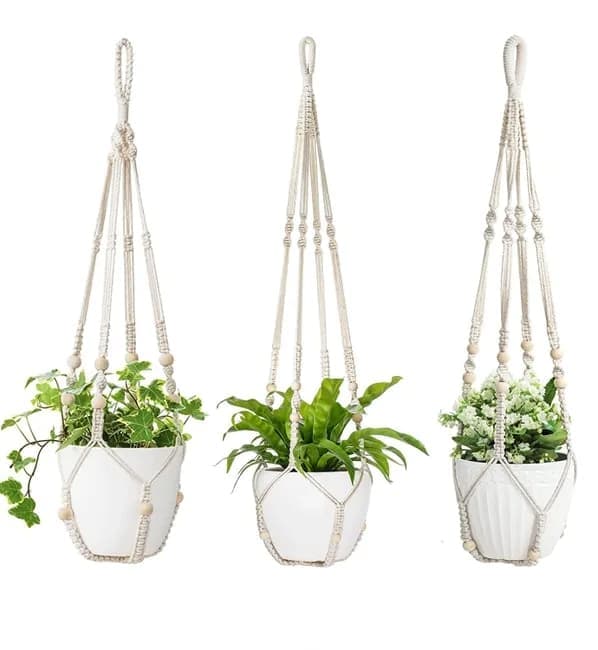 Boho Beaded Macramé Plant Hangers, 90 cm – Pack of 3, White