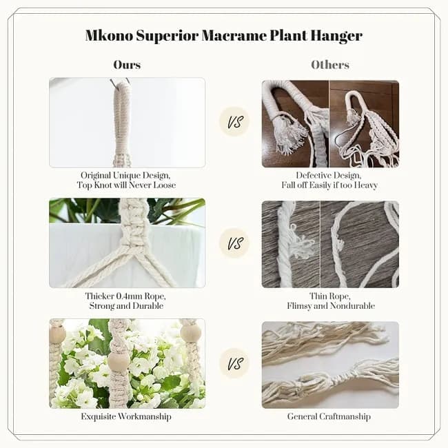 Boho Beaded Macramé Plant Hangers, 90 cm – Pack of 3, White