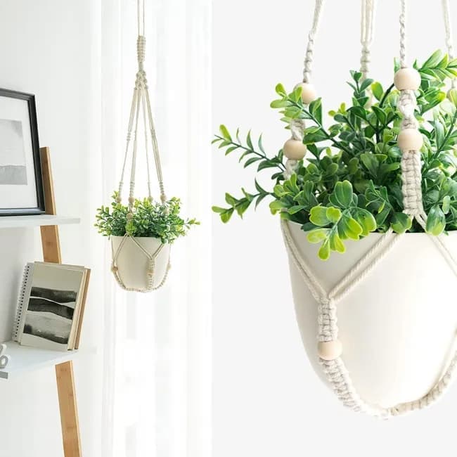 Boho Beaded Macramé Plant Hangers, 90 cm – Pack of 3, White
