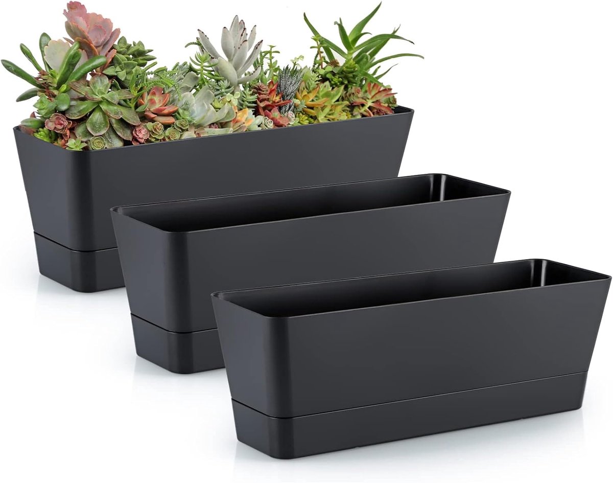 Rectangular Balcony Planters with Drip Tray, 30 cm – 3 Pack