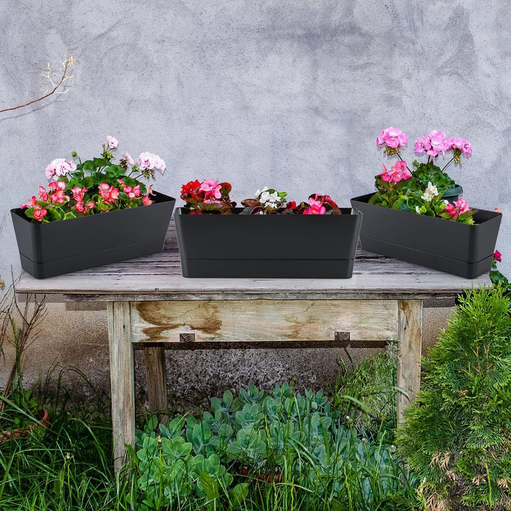 Rectangular Balcony Planters with Drip Tray, 30 cm – 3 Pack
