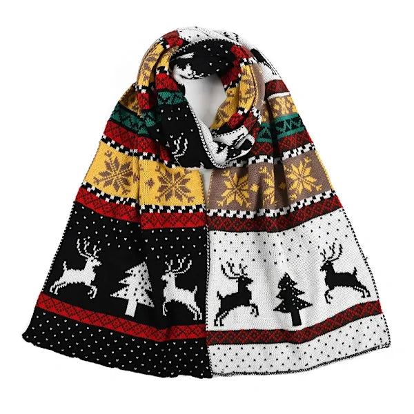 Christmas Fair Isle Moose Long Knit Scarf, Reversible – Black