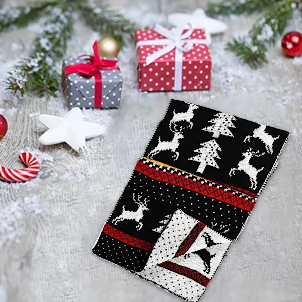 Christmas Fair Isle Moose Long Knit Scarf, Reversible – Black