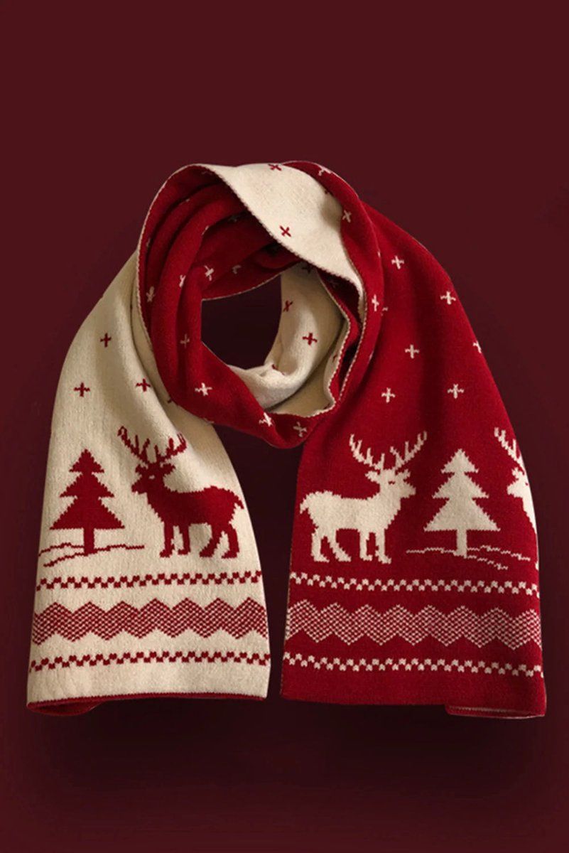 Christmas Moose Knit Scarf, Double-Sided – Red