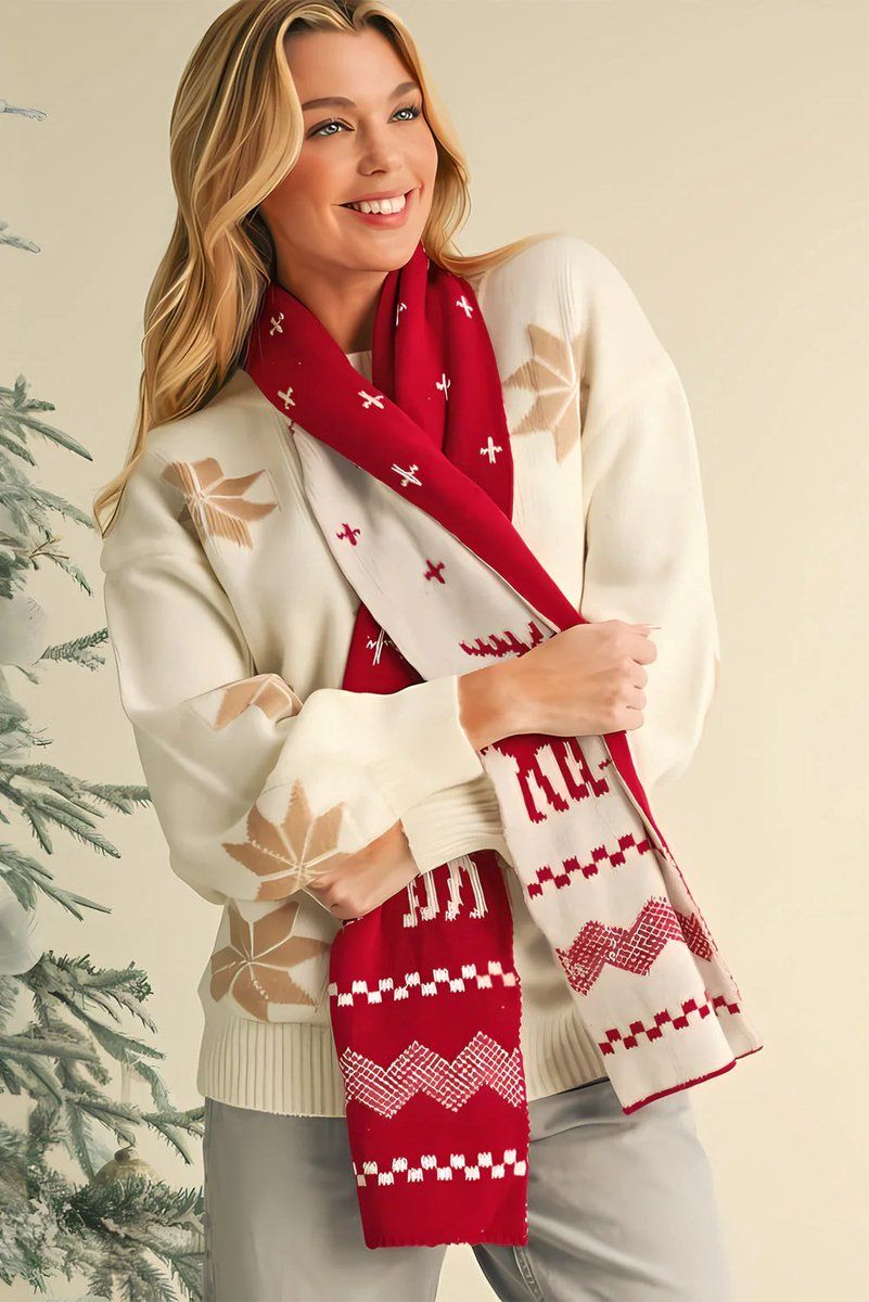 Christmas Moose Knit Scarf, Double-Sided – Red