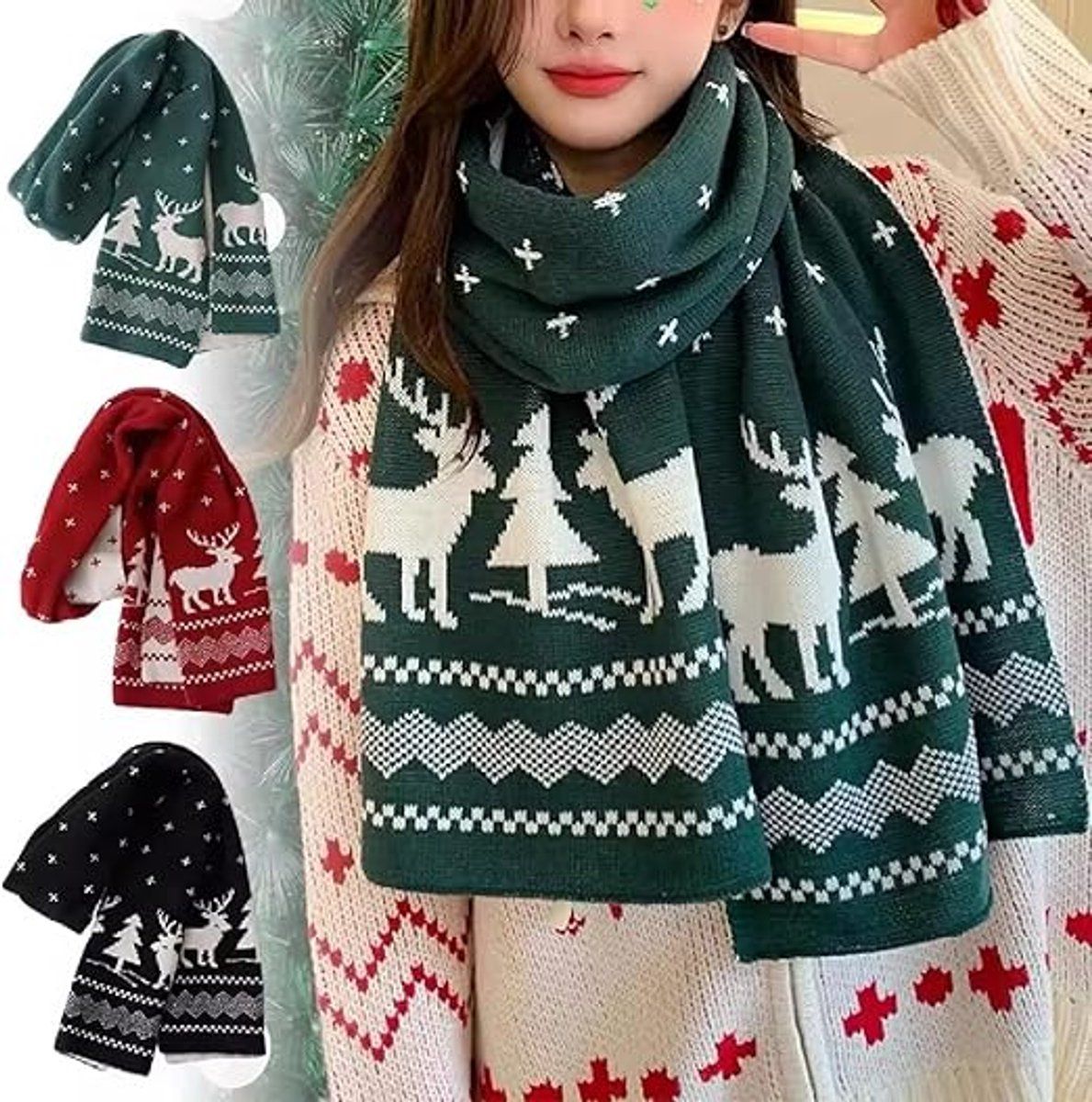 Christmas Moose Knit Scarf, Double-Sided – Green