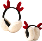 Deer Antler Christmas Earmuffs, Foldable Plush – Pack of 2, Red & Beige
