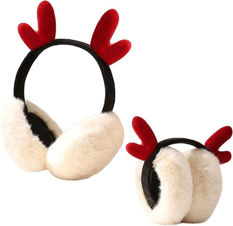 Deer Antler Christmas Earmuffs, Foldable Plush – Pack of 2, Red & Beige