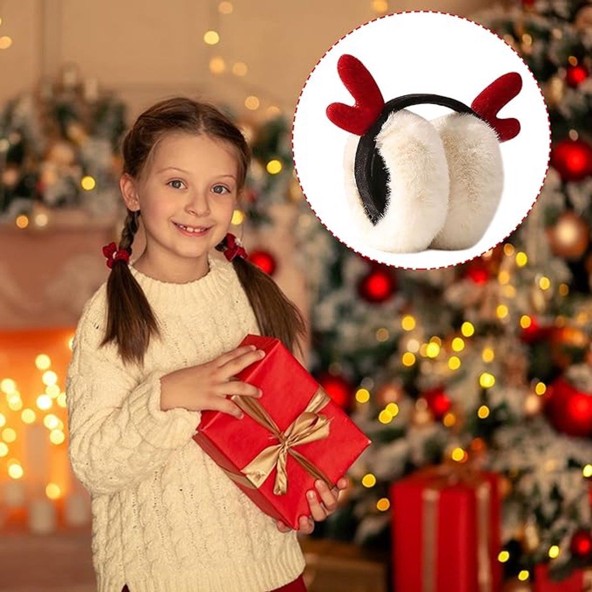 Deer Antler Christmas Earmuffs, Foldable Plush – Pack of 2, Red & Beige