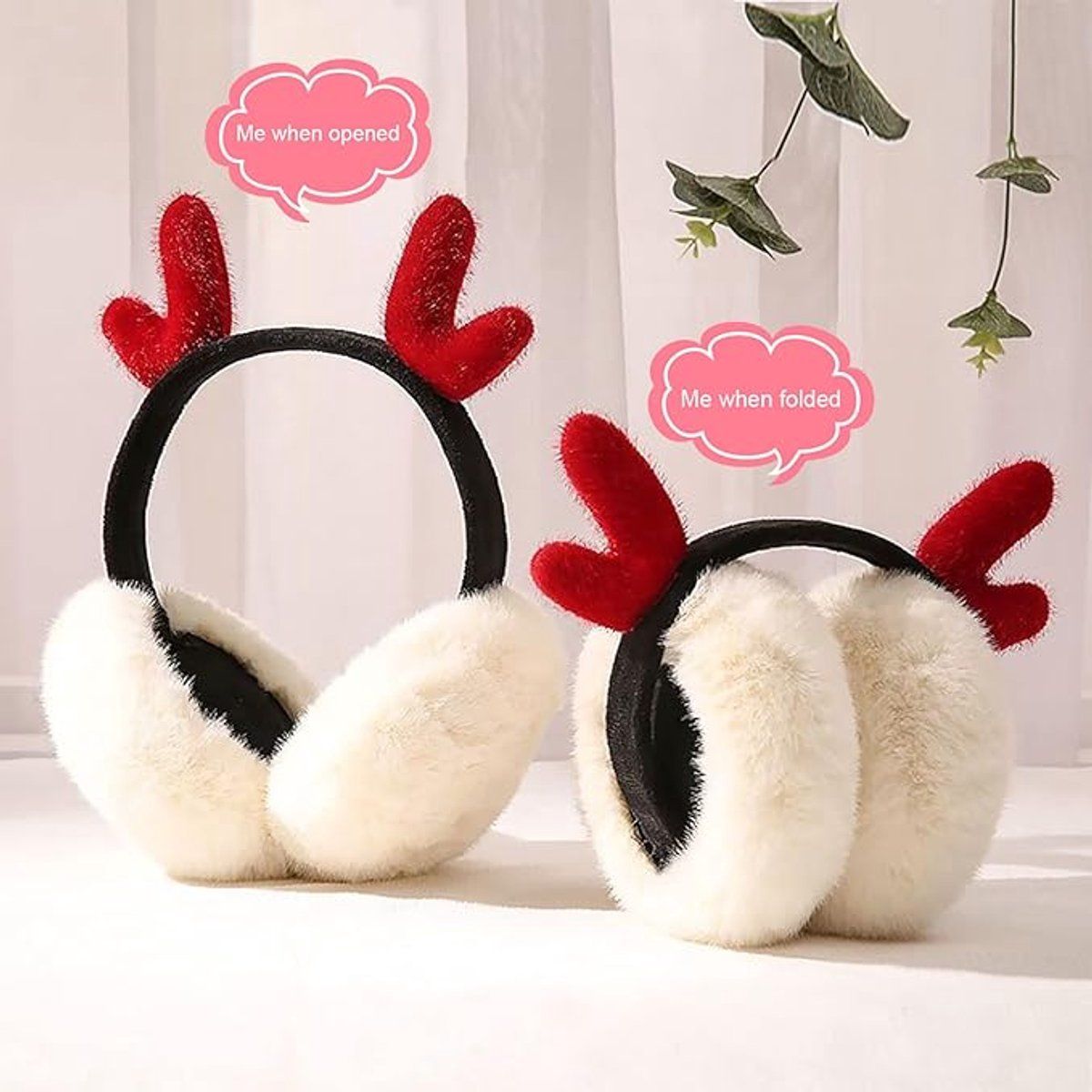 Deer Antler Christmas Earmuffs, Foldable Plush – Pack of 2, Red & Beige