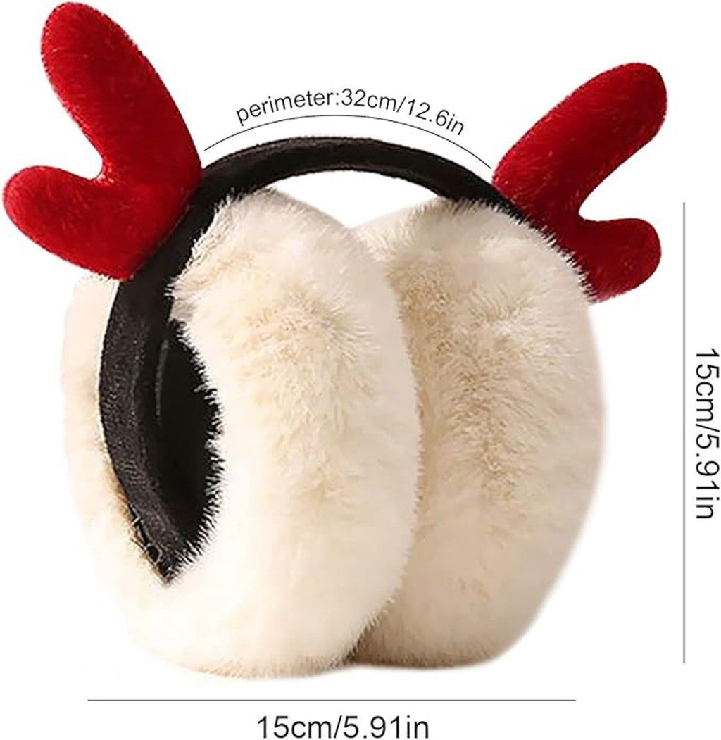 Deer Antler Christmas Earmuffs, Foldable Plush – Pack of 2, Red & Beige