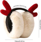 Deer Antler Christmas Earmuffs, Foldable Plush – Pack of 2, Red & Beige