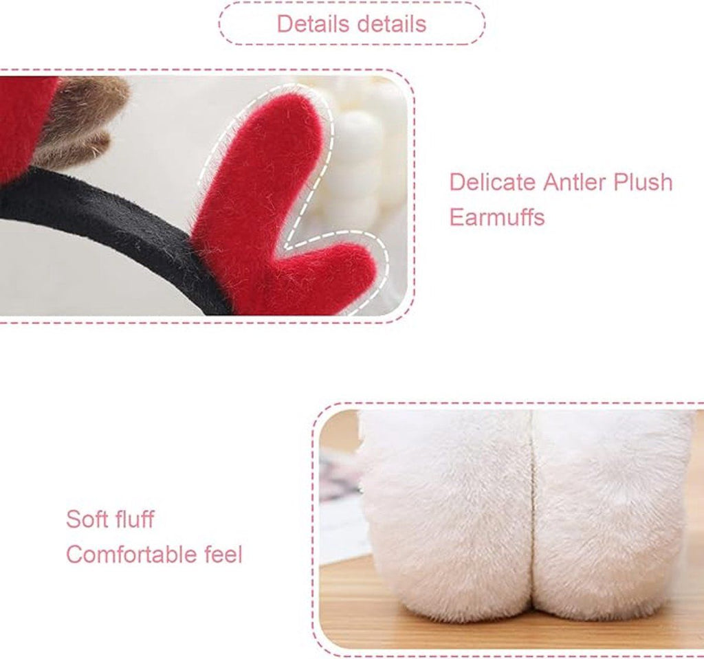 Deer Antler Christmas Earmuffs, Foldable Plush – Pack of 2, Red & Beige