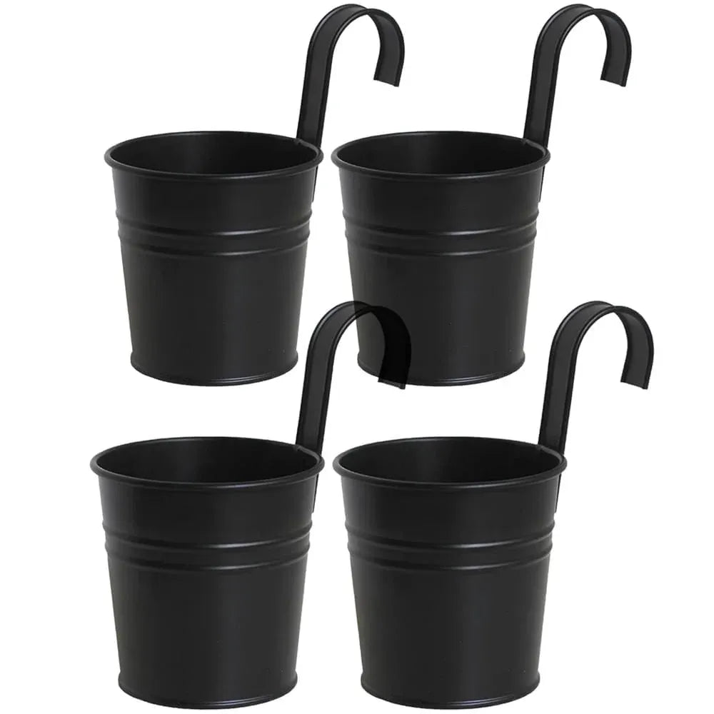 Metal Railing Bucket Planters with Detachable Hooks – 4 Pack, Black, 10 cm