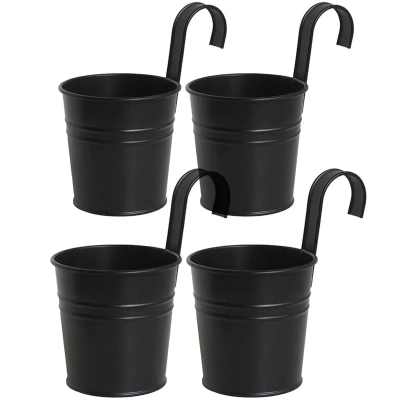 Metal Railing Bucket Planters with Detachable Hooks – 4 Pack, Black, 10 cm