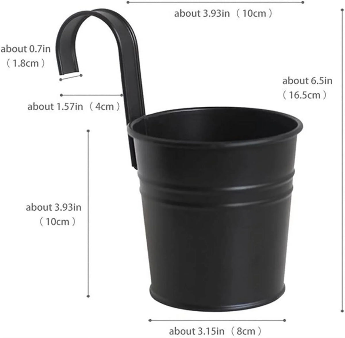 Metal Railing Bucket Planters with Detachable Hooks – 4 Pack, Black, 10 cm