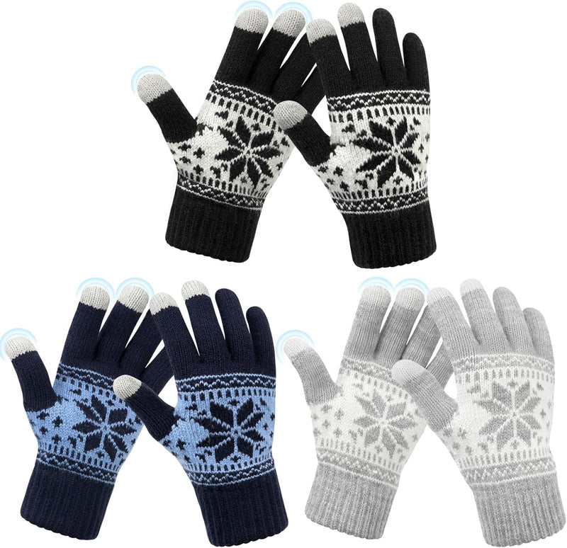 Snowflake Touch Screen Knit Gloves, Black, Light Grey & Navy – 3 Pairs